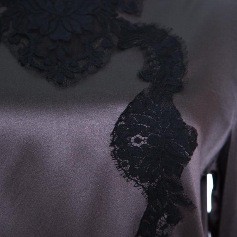 Black Dolce and Gabbana Grey Satin Scallop Lace Insert Long Sleeve Top L