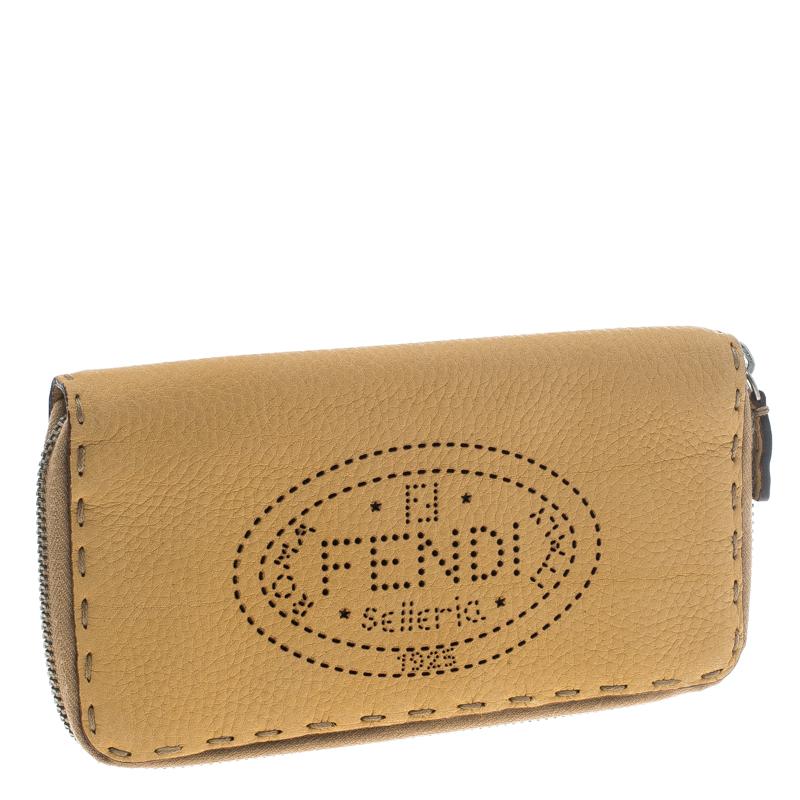 Brown Fendi Tan Selleria Leather Zip Around Wallet