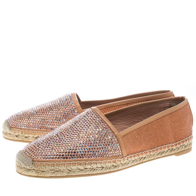 Women's René Caovilla Peach Pink Canvas and Crystal Embellished Satin Espadrille Size 41