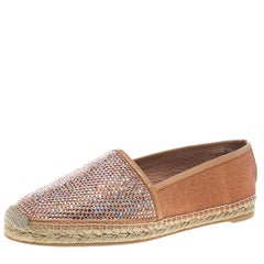René Caovilla Peach Pink Canvas and Crystal Embellished Satin Espadrille Size 41