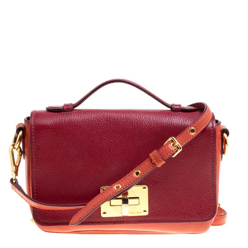 Miu Miu Red/Burgundy Leather Turnlock Crossbody Bag