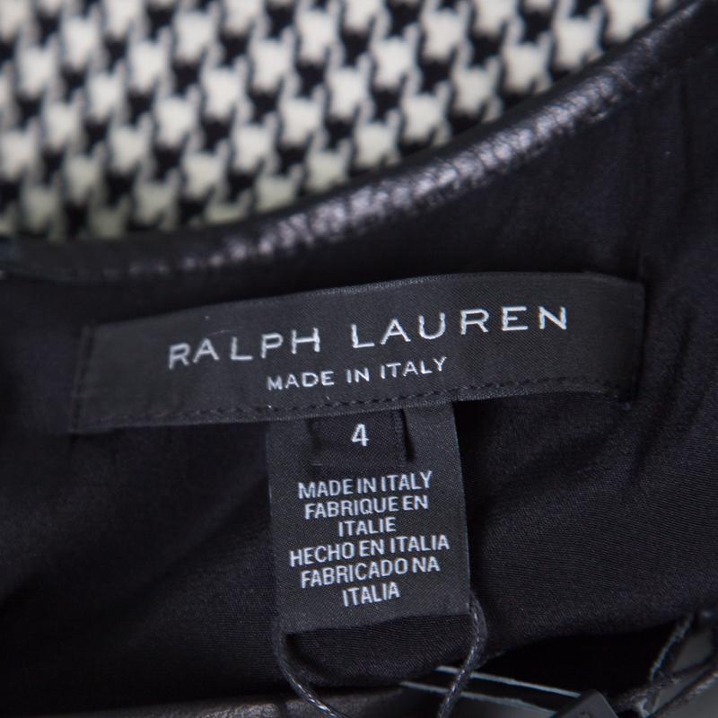 Ralph Lauren Monochrome Houndstooth Pattern Wool Leather Trim Lexi Dress S 1