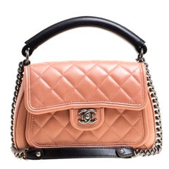 Chanel Peach Pink/Black Quilted Leather Top Handle Flap Shoulder Bag