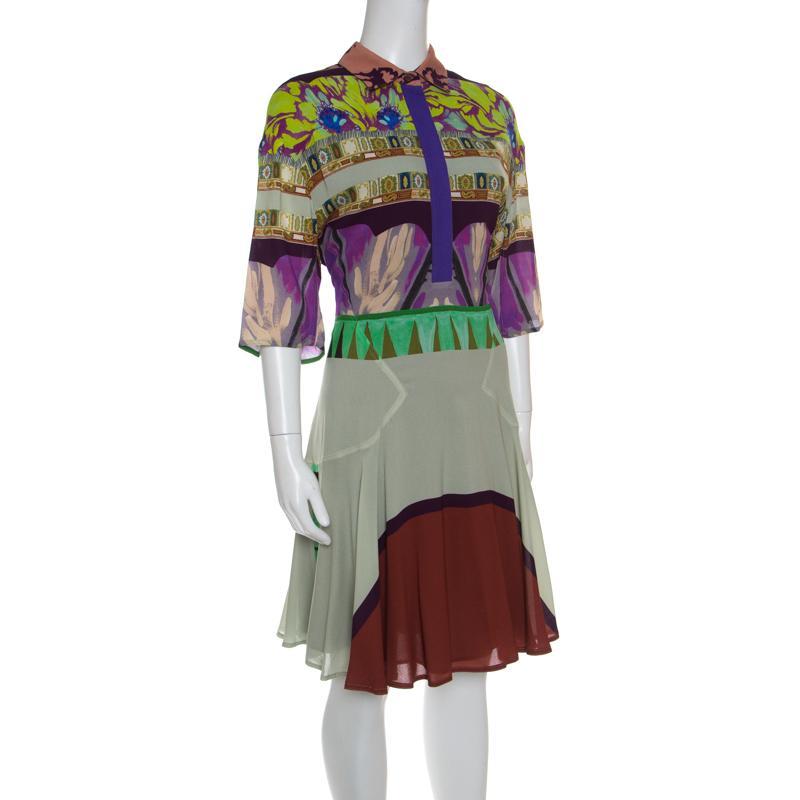 Gray Etro Multicolor Printed Short Sleeve Button Front Shirt Dress M