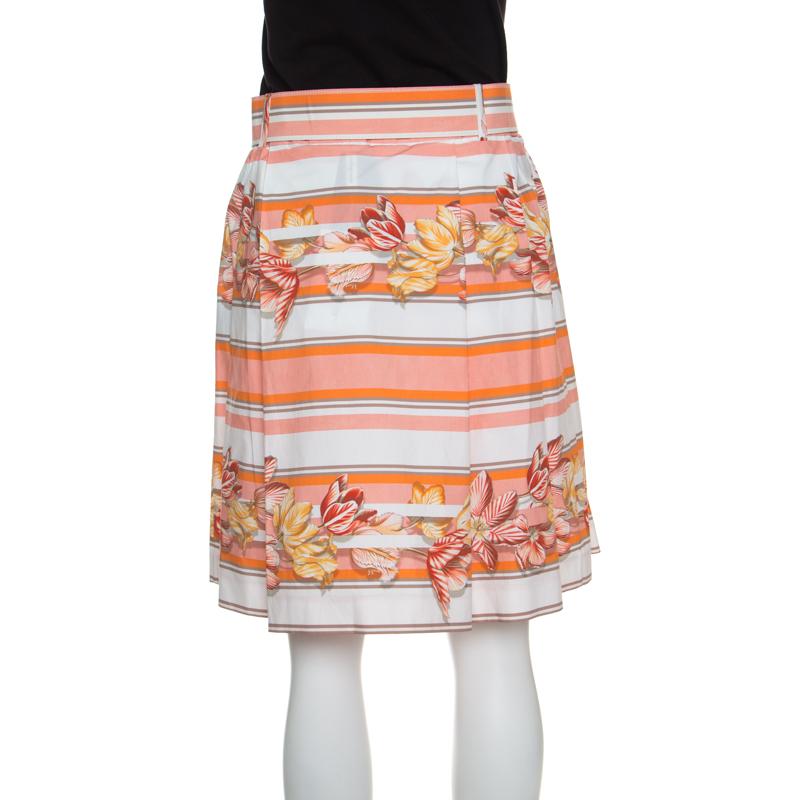 Beige Salvatore Ferragamo Multicolor Printed Cotton Belted Pleated Skirt S