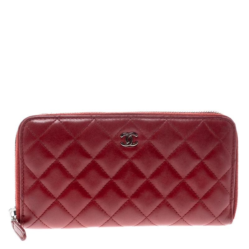 Chanel Red Quilted Leather Zip Around Long Wallet