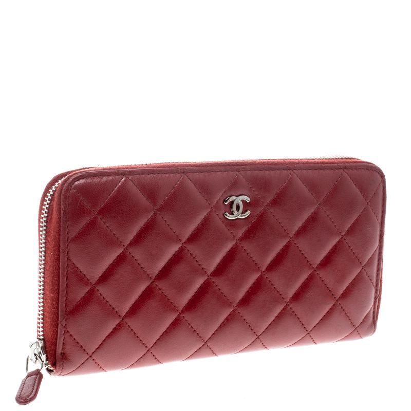 Brown Chanel Red Quilted Leather Zip Around Long Wallet