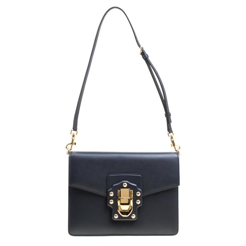 Dolce and Gabbana Navy Blue Leather Lucia Shoulder Bag