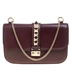 Valentino Burgundy Leather Rockstud Medium Glam Lock Flap Bag