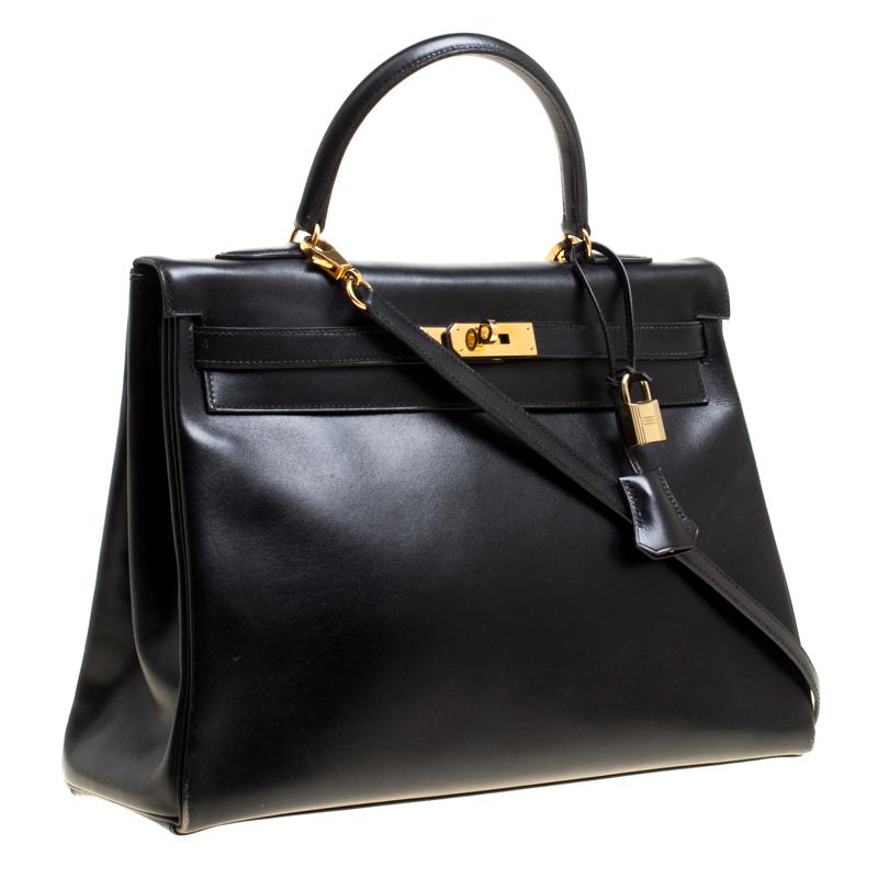 Hermes Black Box Calf Leather Gold Hardware Kelly Retourne 35 Bag 8