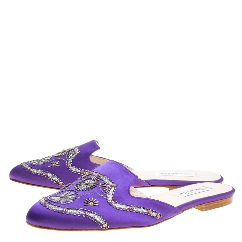 Women's Oscar De La Renta Purple Embellished Satin Flat Spanish Mules Size 40