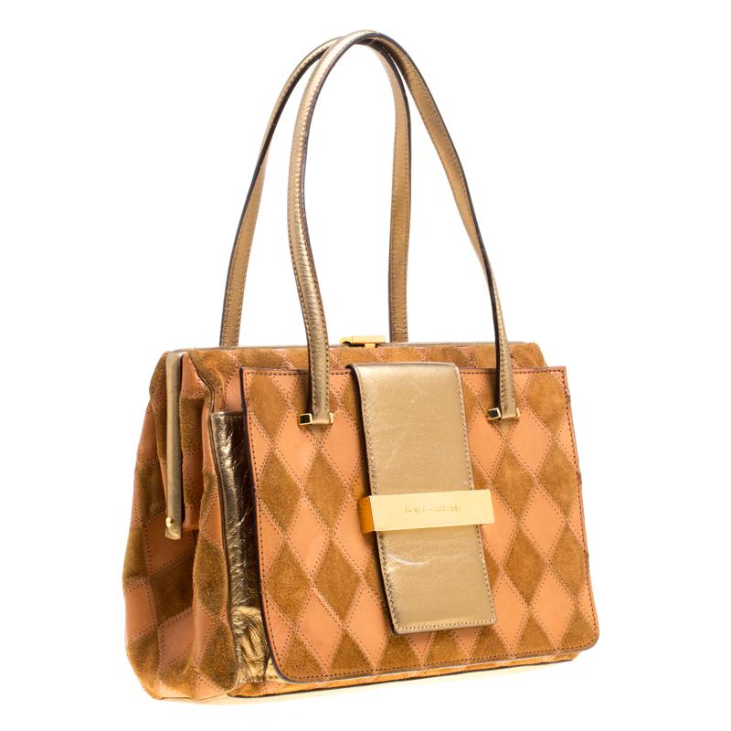 Brown Dolce and Gabbana Peach/Gold Quilted Stitch Leather and Suede Frame Bag
