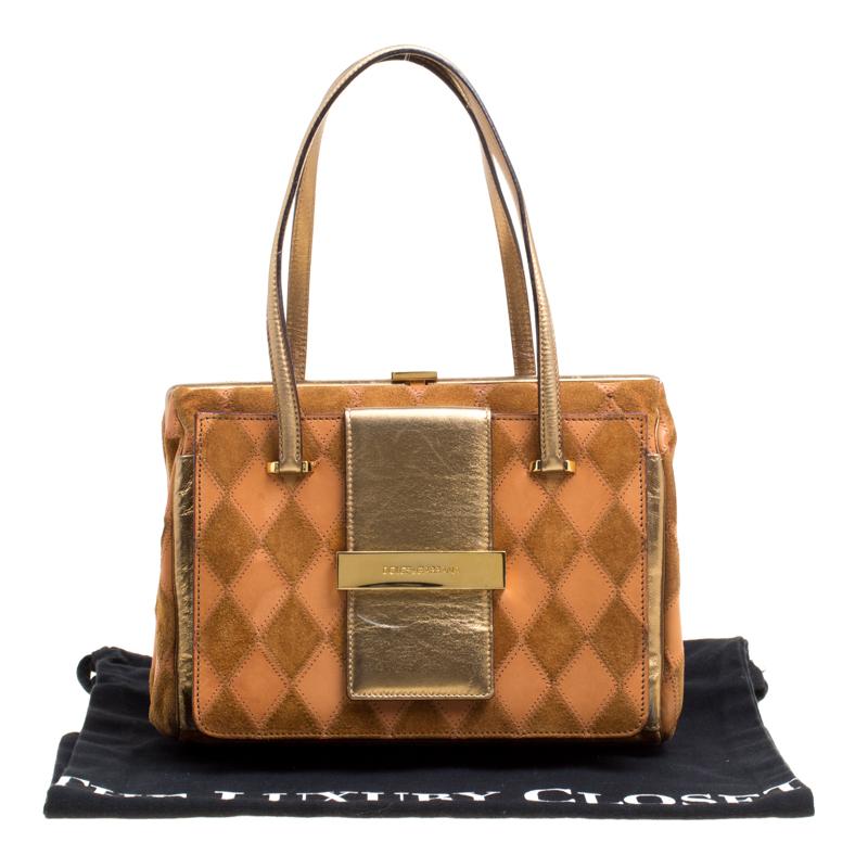 Dolce and Gabbana Peach/Gold Quilted Stitch Leather and Suede Frame Bag 4
