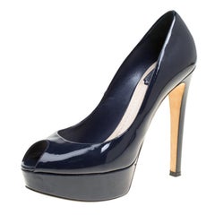 Dior Navy Blue Patent Leather Miss Dior Peep Toe Platform Pumps Size 38