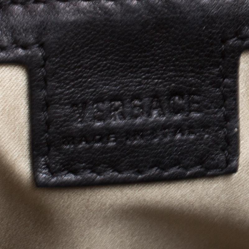 Women's Versace Black Leather and Patent Stripe Logo Shoulder Bag