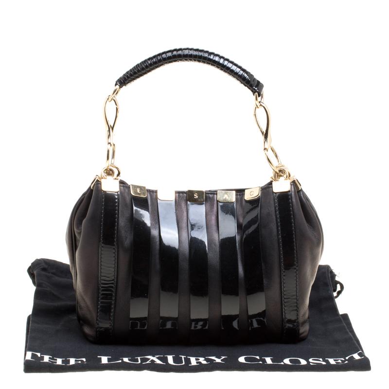 Versace Black Leather and Patent Stripe Logo Shoulder Bag 1