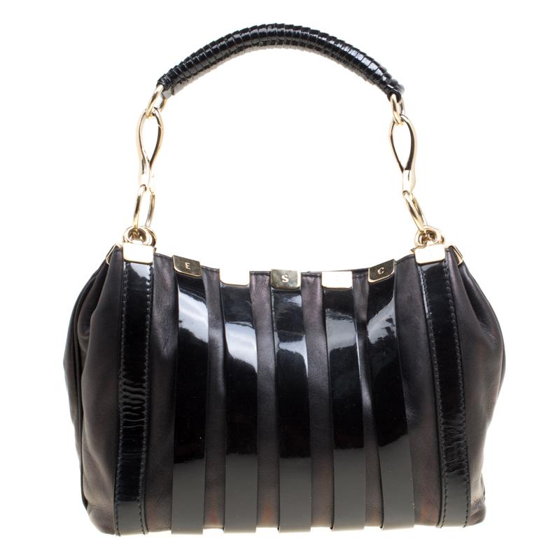 Versace Black Leather and Patent Stripe Logo Shoulder Bag