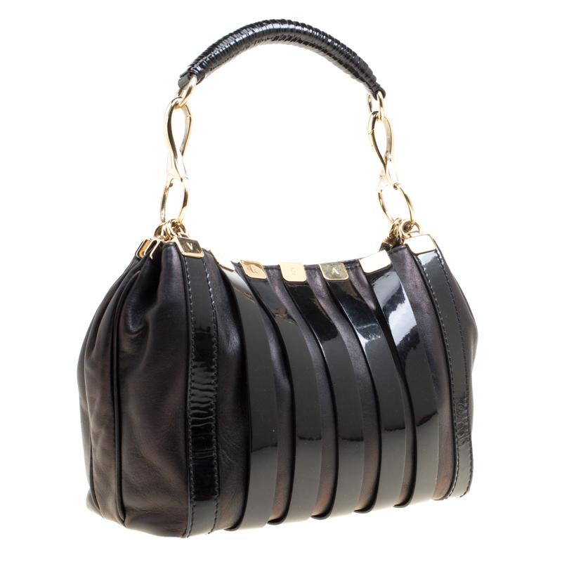Versace Black Leather and Patent Stripe Logo Shoulder Bag 6