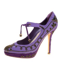 Dior Purple Embroidered Canvas and Suede Platform Pumps Size 39