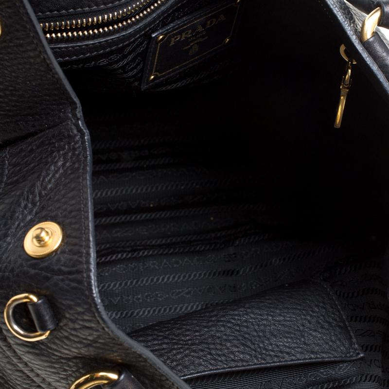 Women's Prada Black Pebbled Leather Sacca 2 Manici Shoulder Bag