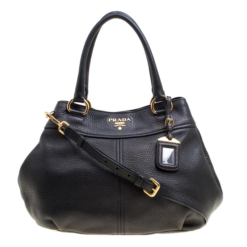 Prada Black Pebbled Leather Sacca 2 Manici Shoulder Bag