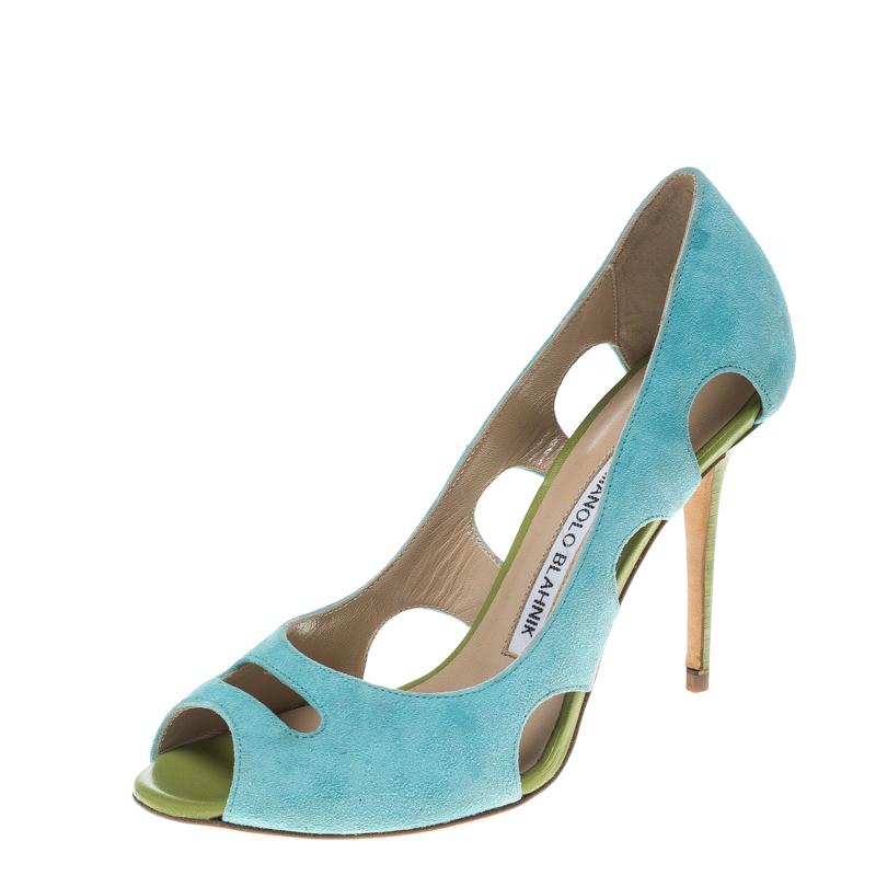 Manolo Blahnik Aqua Green Suede Cutout Peep Toe Pumps Size 35.5