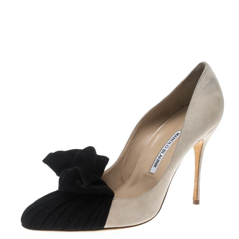 Manolo Blahnik Beige and Black Suede Arleti Frill Detail Pumps Size 41