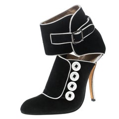 Manolo Blahnik Black/White Suede and Fabric Rapacina Button Detail Booties Size