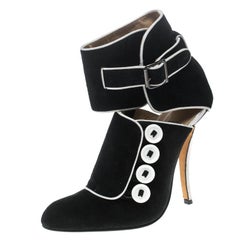 Manolo Blahnik Black/White Suede and Fabric Rapacina Button Detail Booties Size 