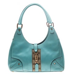 Gucci Turquoise Leather and GG Canvas Jackie O Hobo