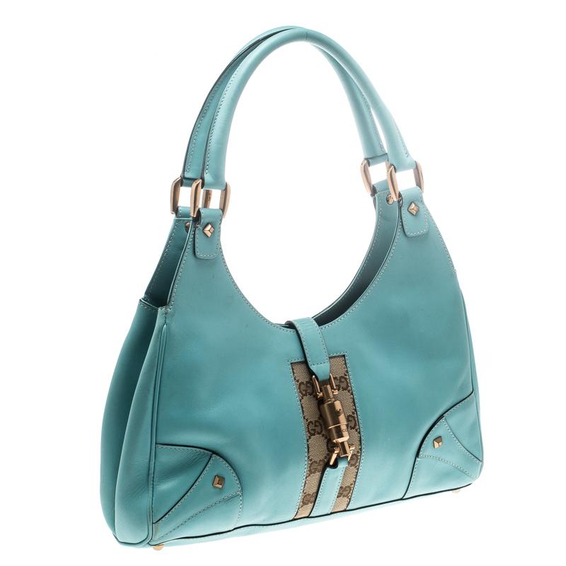 Blue Gucci Turquoise Leather and GG Canvas Jackie O Hobo