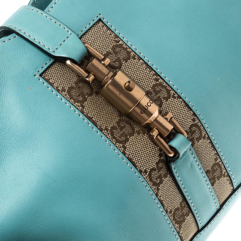Gucci Turquoise Leather and GG Canvas Jackie O Hobo In Excellent Condition In Dubai, Al Qouz 2