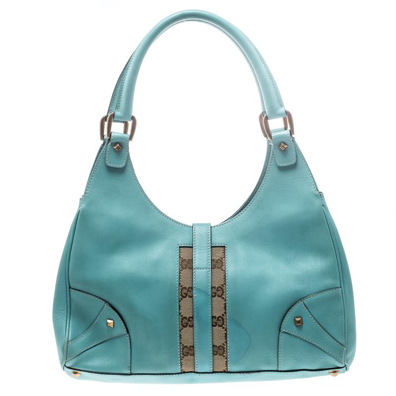 Gucci Turquoise Leather and GG Canvas Jackie O Hobo 2