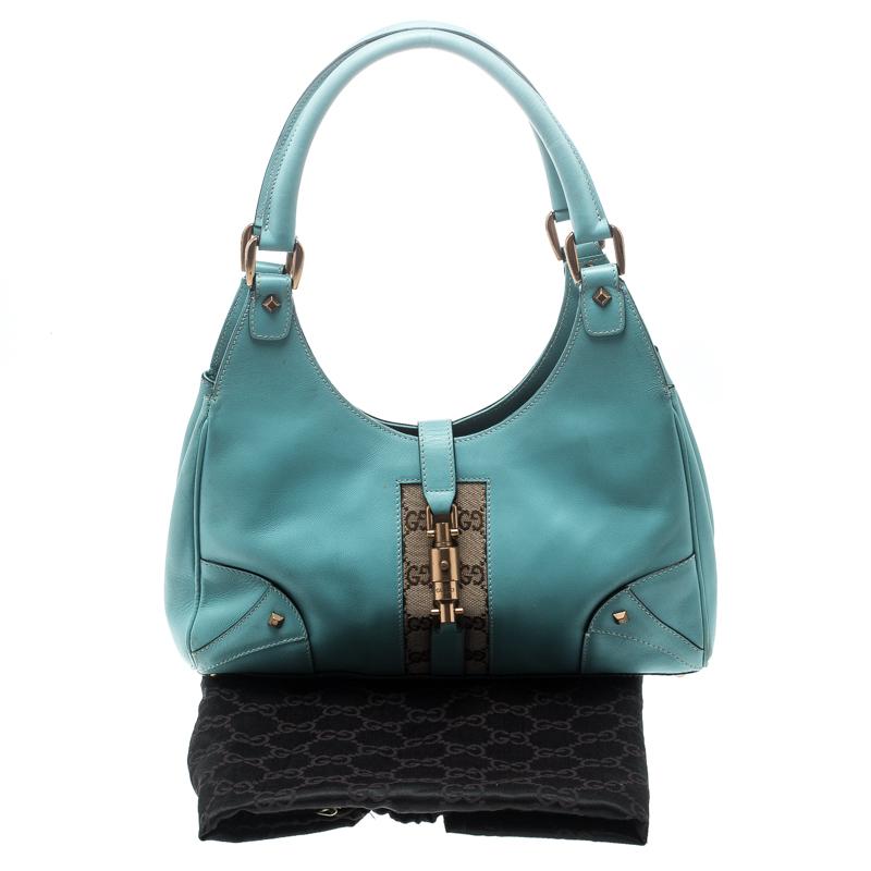 Gucci Turquoise Leather and GG Canvas Jackie O Hobo 5