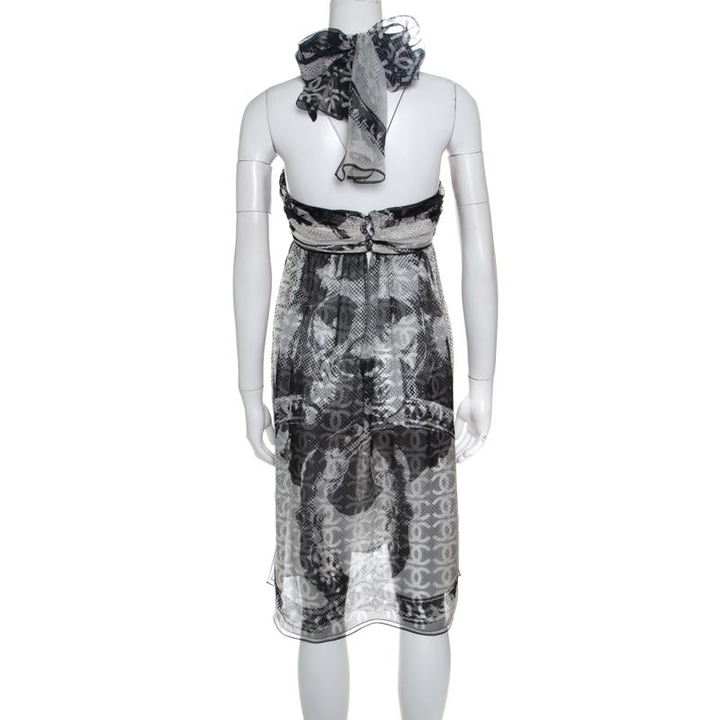 Gray Chanel Monochrome CC Printed Dotted Silk Halter Dress S
