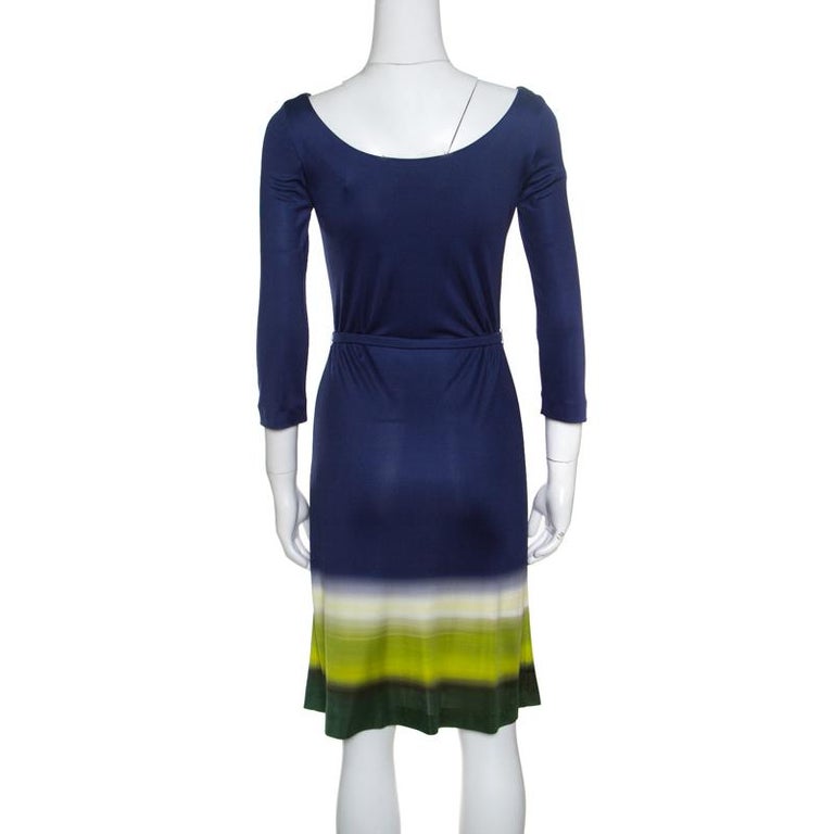 Prada Multicolor Silk Jersey Long Sleeve Belted Dress S For Sale at 1stDibs