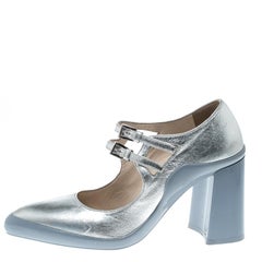Prada Metallic Silver Leather Dual Strap Block Heel Mary Jane Pumps Size 38