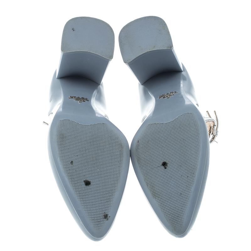 Women's Prada Metallic Silver Leather Dual Strap Block Heel Mary Jane Pumps Size 38