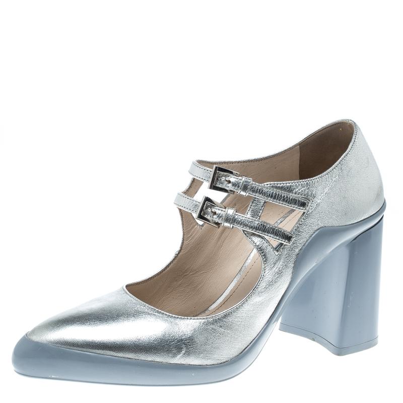 Prada Metallic Silver Leather Dual Strap Block Heel Mary Jane Pumps Size 38