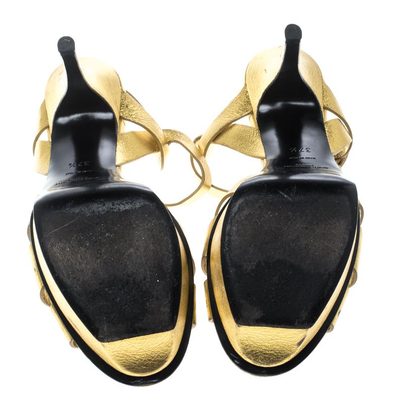 Saint Laurent Paris Metallic Gold Leather Tribute Platform Sandals Size 37.5 In Good Condition In Dubai, Al Qouz 2