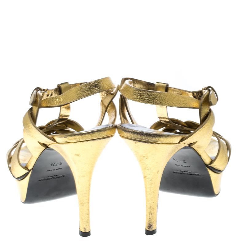 Women's Saint Laurent Paris Metallic Gold Leather Tribute Platform Sandals Size 37.5