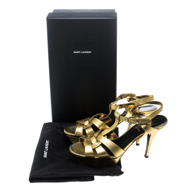 Saint Laurent Paris Metallic Gold Leather Tribute Platform Sandals Size 37.5 1