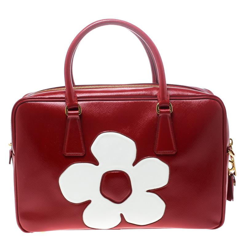 Women's Prada Red and White Saffiano Vernice Patent Leather Bauletto Flower Top handle 
