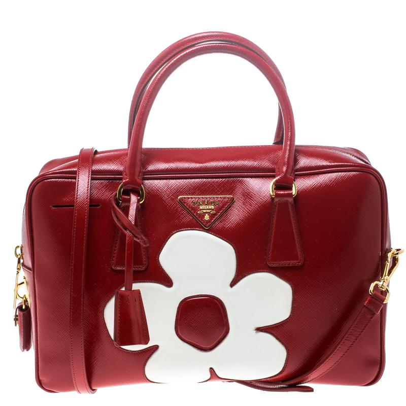 Prada Red and White Saffiano Vernice Patent Leather Bauletto Flower Top handle 