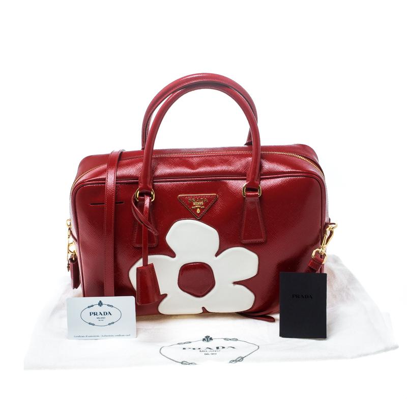 Prada Red and White Saffiano Vernice Patent Leather Bauletto Flower Top handle  3