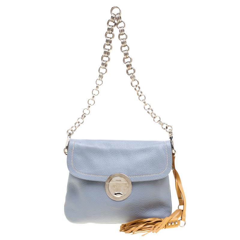 Prada Pale Blue/Beige Leather Tassel Shoulder Bag