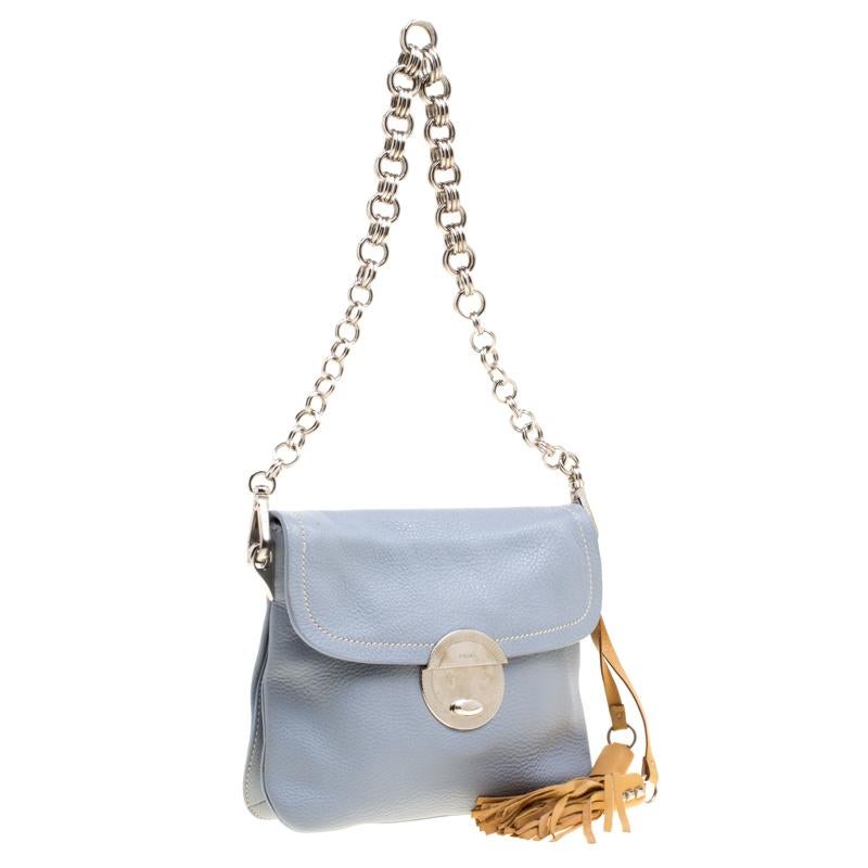 Gray Prada Pale Blue/Beige Leather Tassel Shoulder Bag