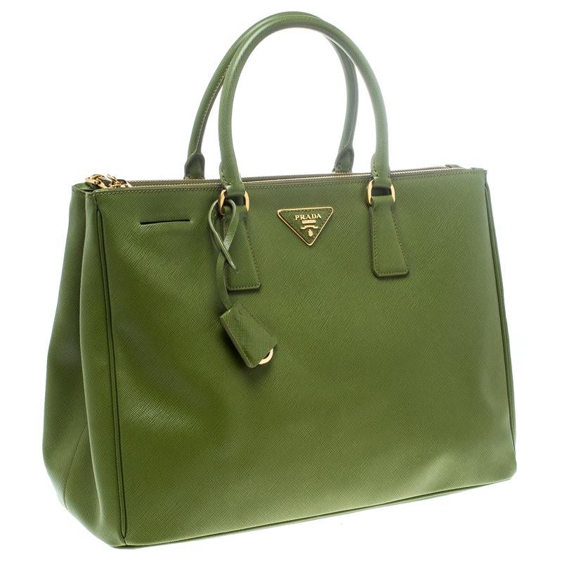 Brown Prada Green Saffiano Lux Leather Large Double Zip Tote