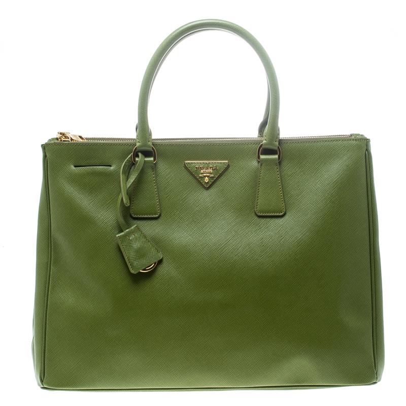Prada Green Saffiano Lux Leather Large Double Zip Tote