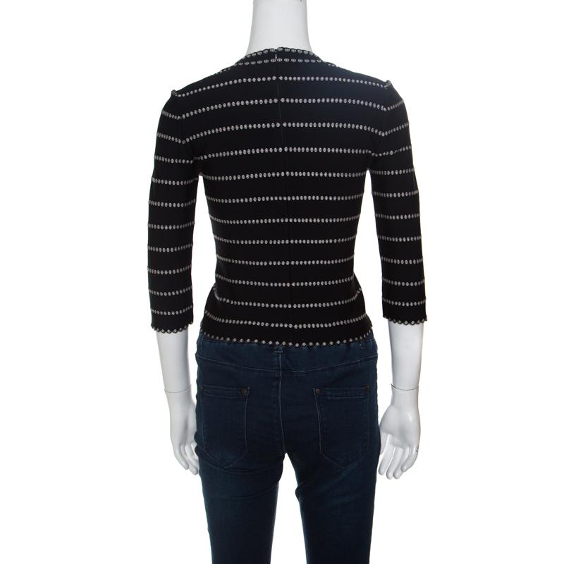 Black Alaia Monochrome Embossed Jacquard Knit Long Sleeve Top M